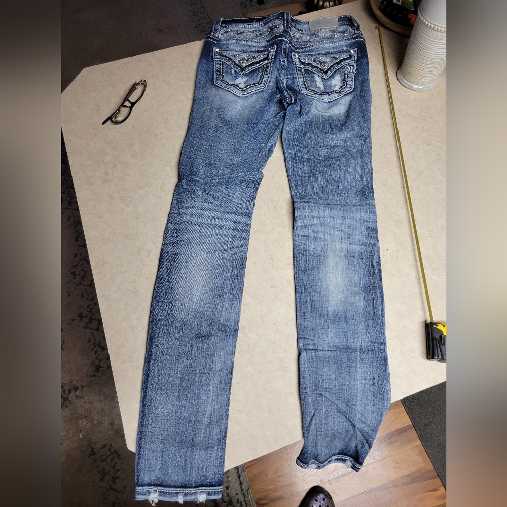 Miss me jeans size 26 mid rise skinny distressed, embellished-blue/silver - Picture 7 of 15